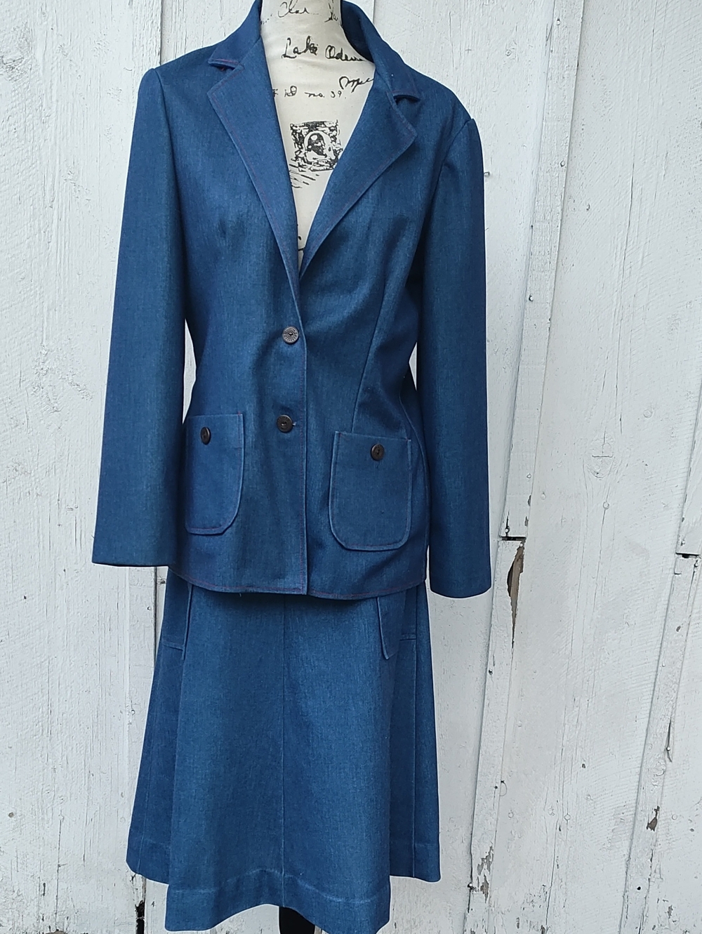 Vtg 70s Classic Blue Denim-look Blazer & Skirt Set - Women's Tailored Two-Piece
